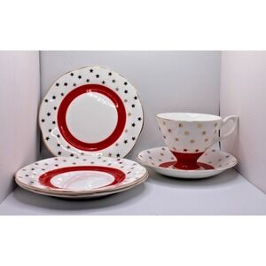 Ashley Fine Bone China cup/saucer/3 Small Plates/White With Red rings/gold stars